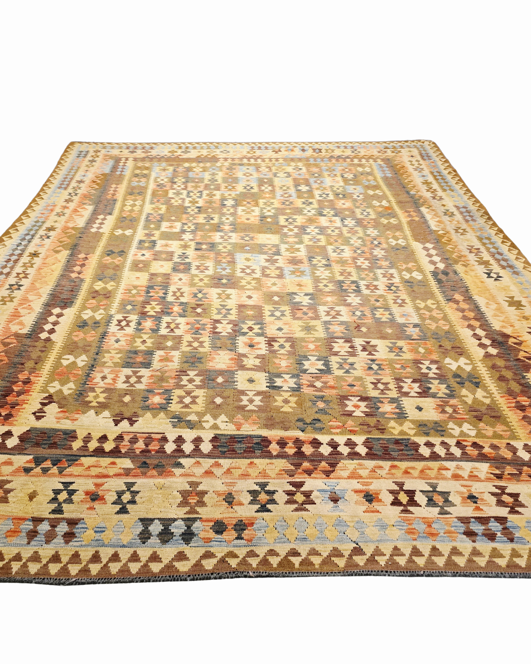 Grote Afgaanse Tribal Kelim Flatweave 390x300 handgeweven wollen vloerkleed