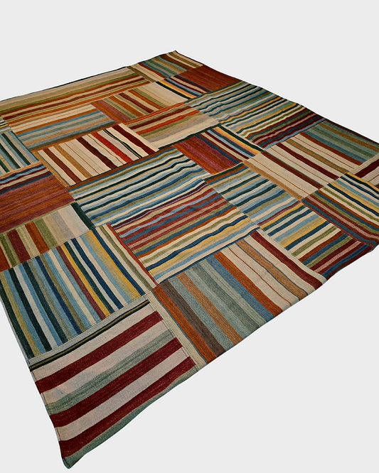 Groot Kelim Patchwork 300x250 wollen vloerkleed India handgeweven