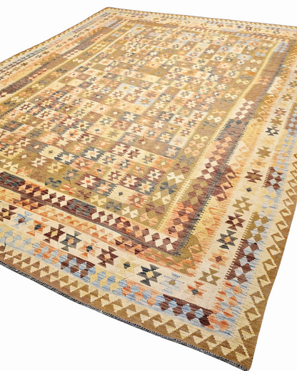Grote Afgaanse Tribal Kelim Flatweave 390x300 handgeweven wollen vloerkleed
