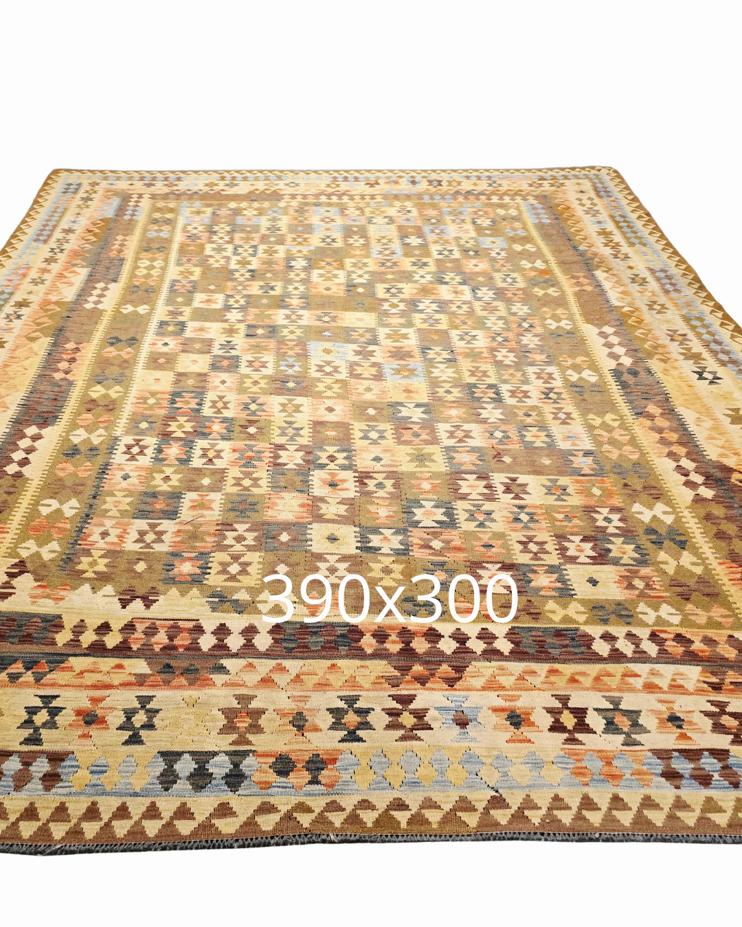 Grote Afgaanse Tribal Kelim Flatweave 390x300 handgeweven wollen vloerkleed