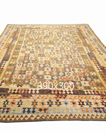Grote Afgaanse Tribal Kelim Flatweave 390x300 handgeweven wollen vloerkleed