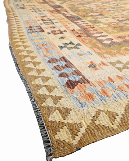 Grote Afgaanse Tribal Kelim Flatweave 390x300 handgeweven wollen vloerkleed