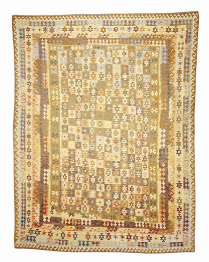 Grote Afgaanse Tribal Kelim Flatweave 390x300 handgeweven wollen vloerkleed