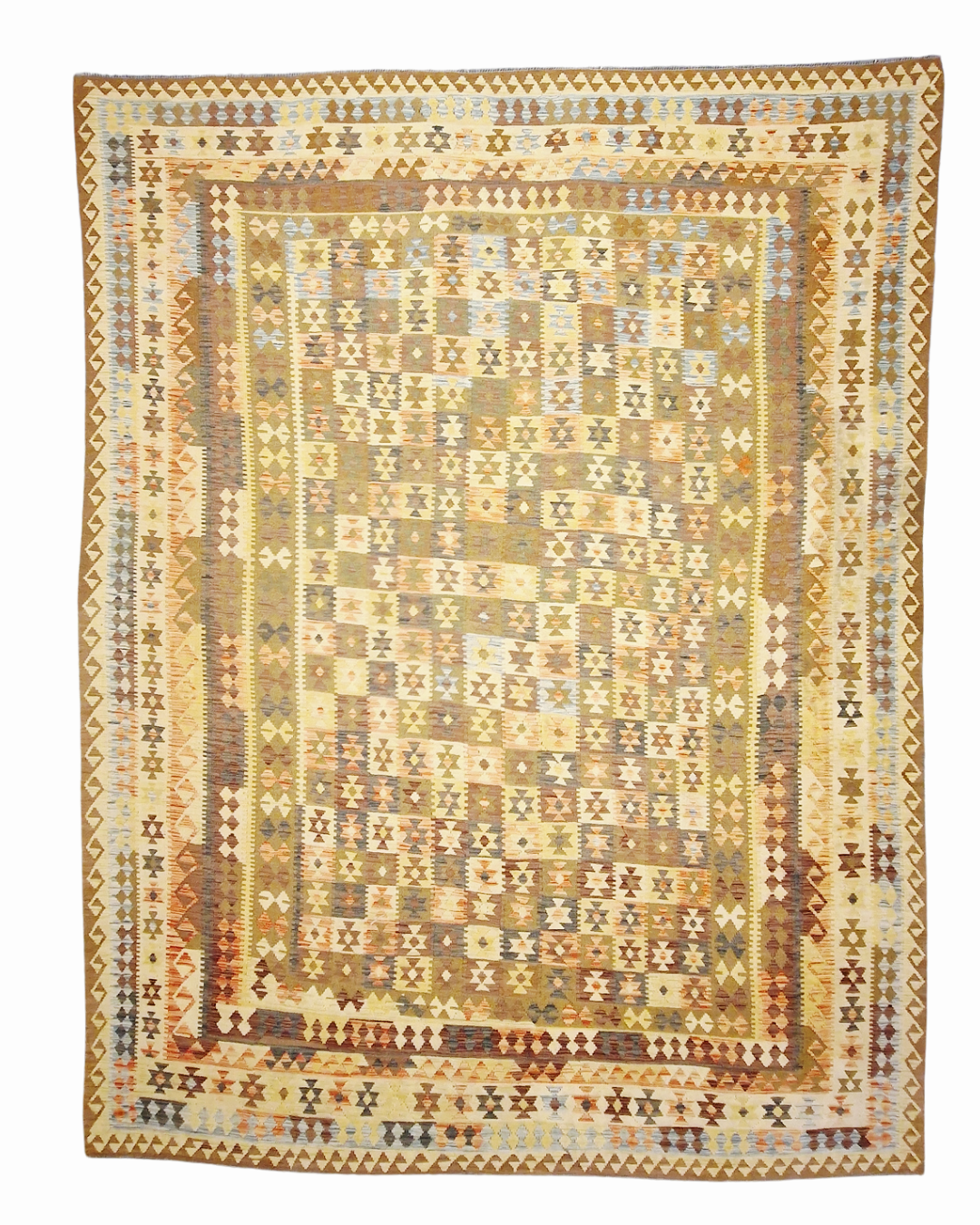 Grote Afgaanse Tribal Kelim Flatweave 390x300 handgeweven wollen vloerkleed