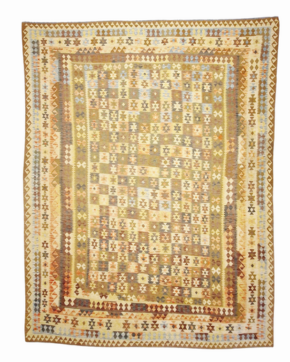 Grote Afgaanse Tribal Kelim Flatweave 390x300 handgeweven wollen vloerkleed