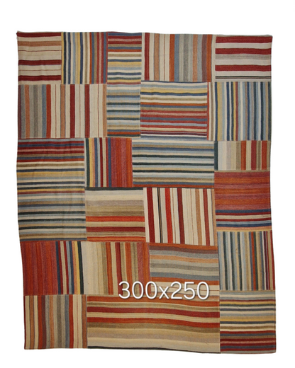 Groot Kelim Patchwork 300x250 wollen vloerkleed India handgeweven