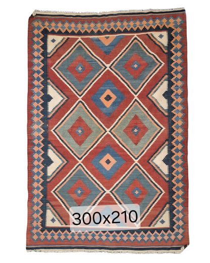 Tribal Kelim Turkije 300x210 handgeweven wollen vloerkleed