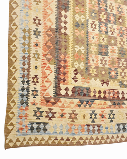 Grote Afgaanse Tribal Kelim Flatweave 390x300 handgeweven wollen vloerkleed