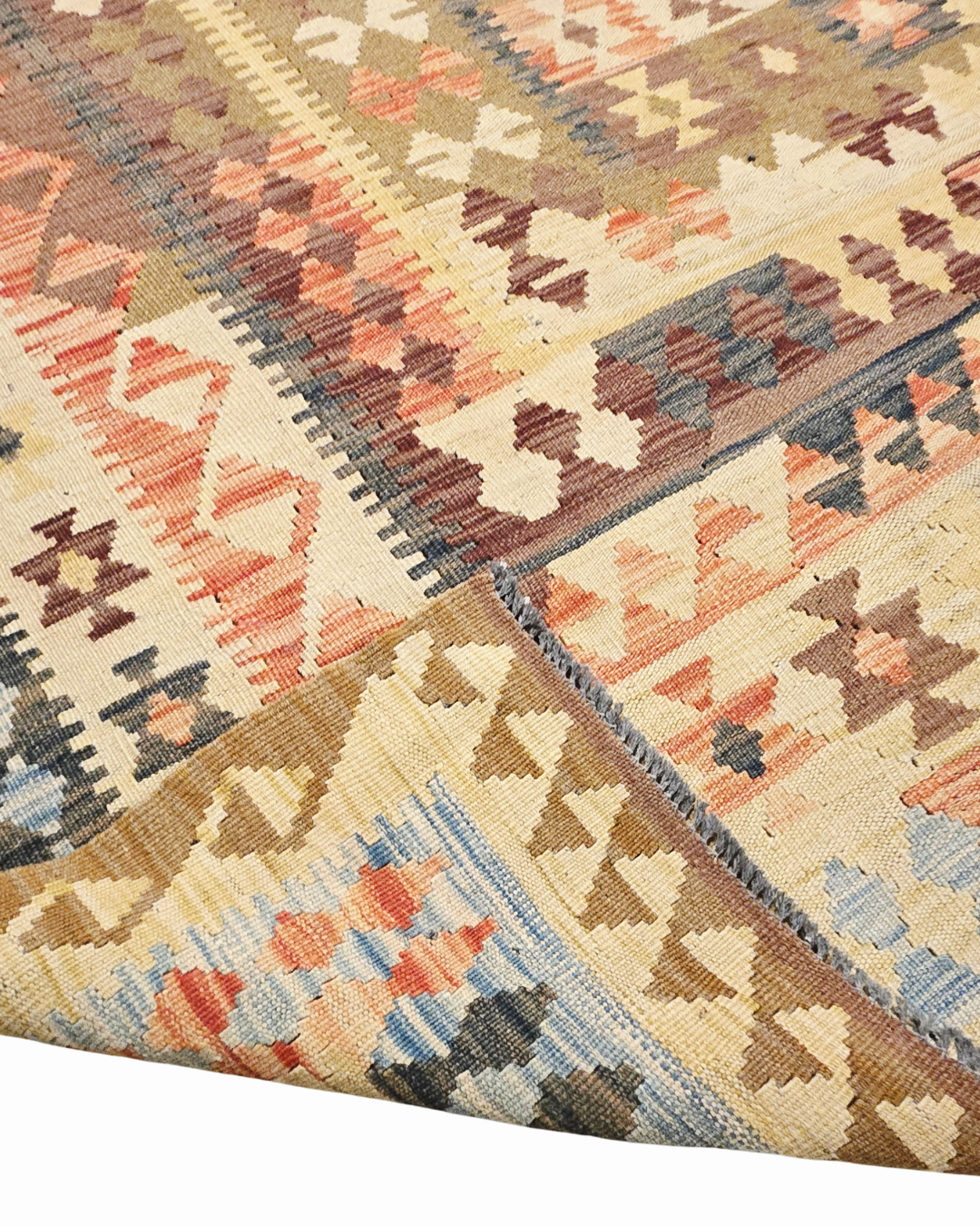 Grote Afgaanse Tribal Kelim Flatweave 390x300 handgeweven wollen vloerkleed