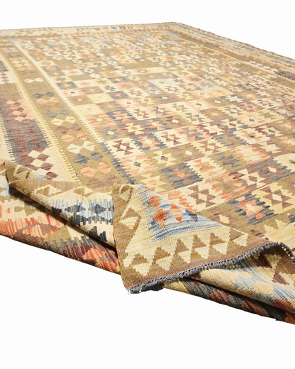 Grote Afgaanse Tribal Kelim Flatweave 390x300 handgeweven wollen vloerkleed