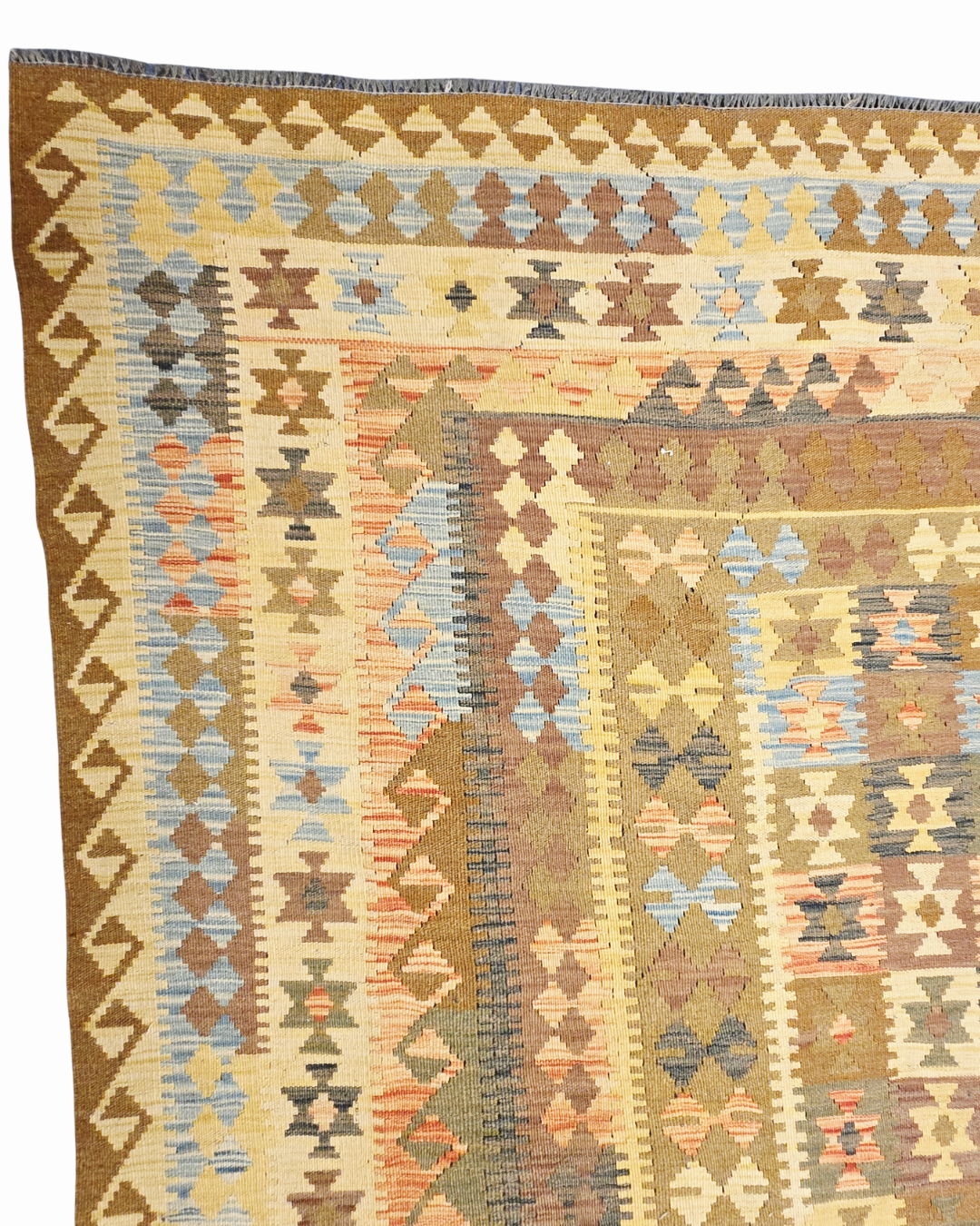 Grote Afgaanse Tribal Kelim Flatweave 390x300 handgeweven wollen vloerkleed