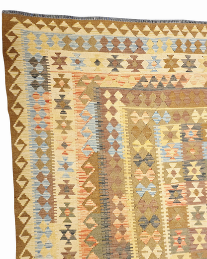 Grote Afgaanse Tribal Kelim Flatweave 390x300 handgeweven wollen vloerkleed