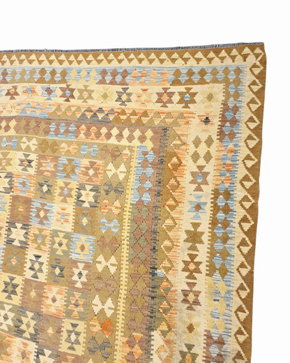 Grote Afgaanse Tribal Kelim Flatweave 390x300 handgeweven wollen vloerkleed
