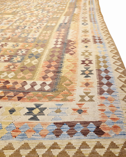 Grote Afgaanse Tribal Kelim Flatweave 390x300 handgeweven wollen vloerkleed