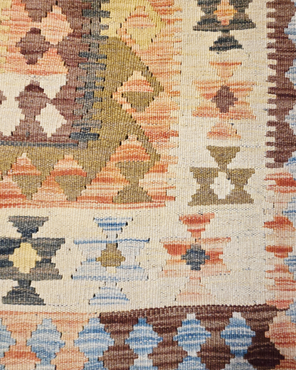 Grote Afgaanse Tribal Kelim Flatweave 390x300 handgeweven wollen vloerkleed